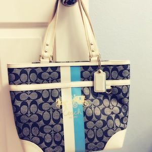 Coach signature denim blue and white tote